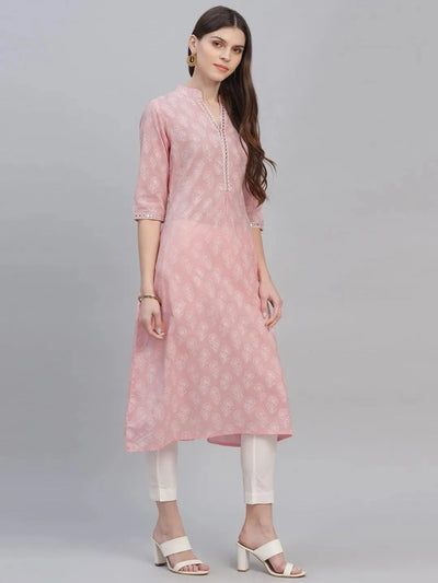 Pink Printed Cotton Kurta - Libas