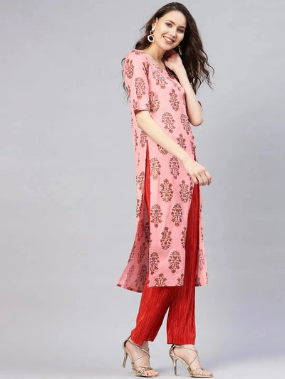 Pink Printed Cotton Kurta - Libas