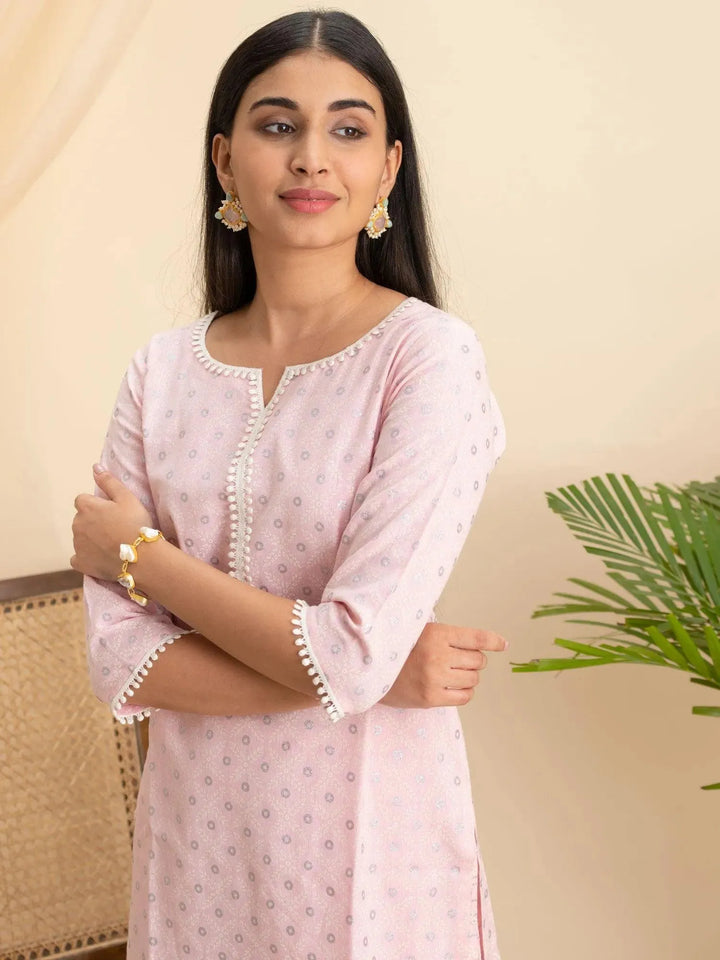 Pink Printed Cotton Kurta - Libas