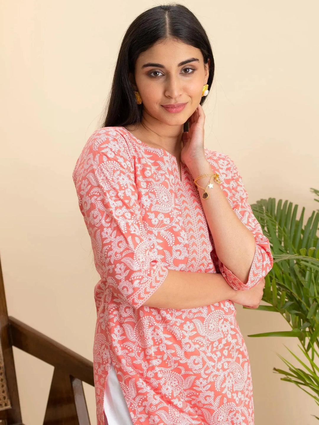 Pink Printed Cotton Kurta - Libas