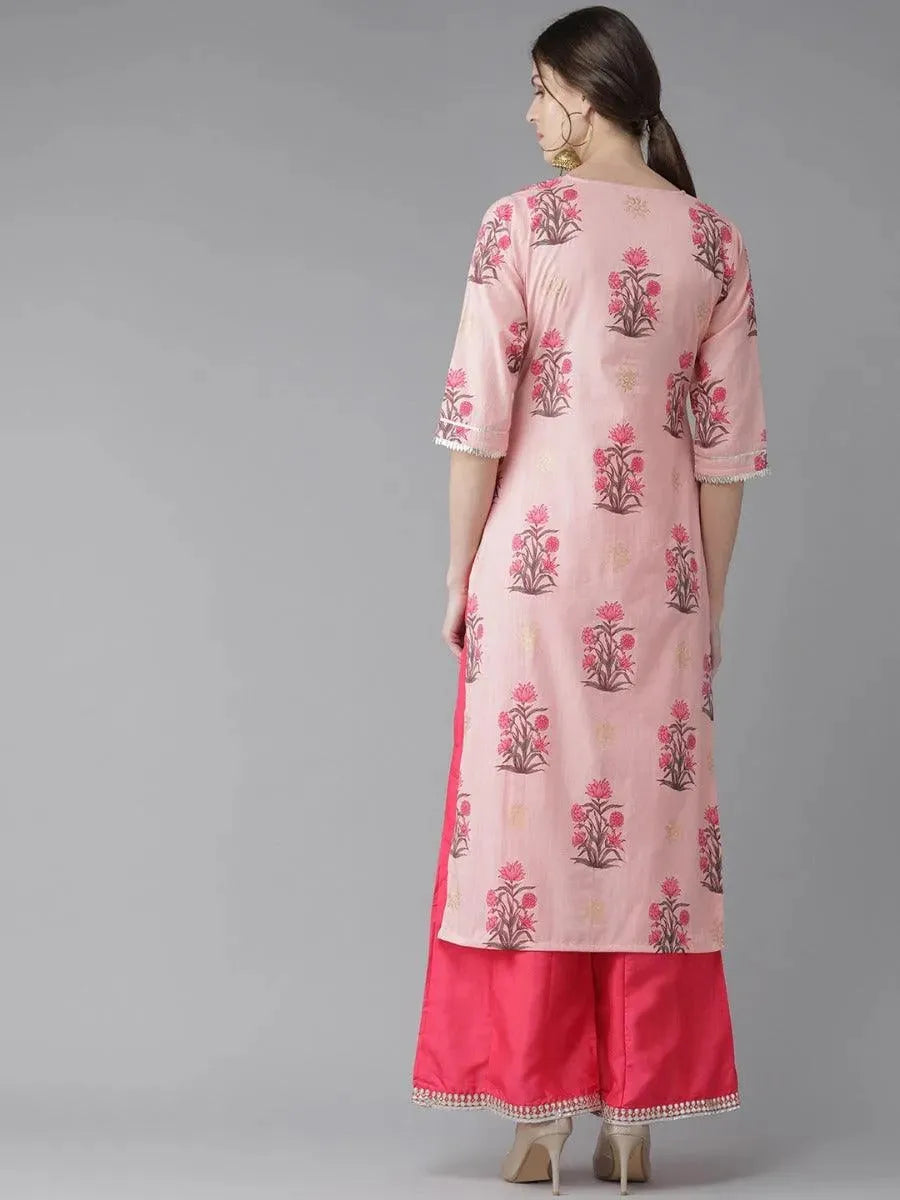 Pink Printed Cotton Kurta - Libas