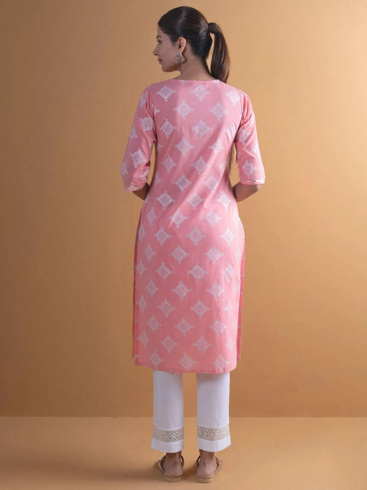 Pink Printed Cotton Kurta - Libas