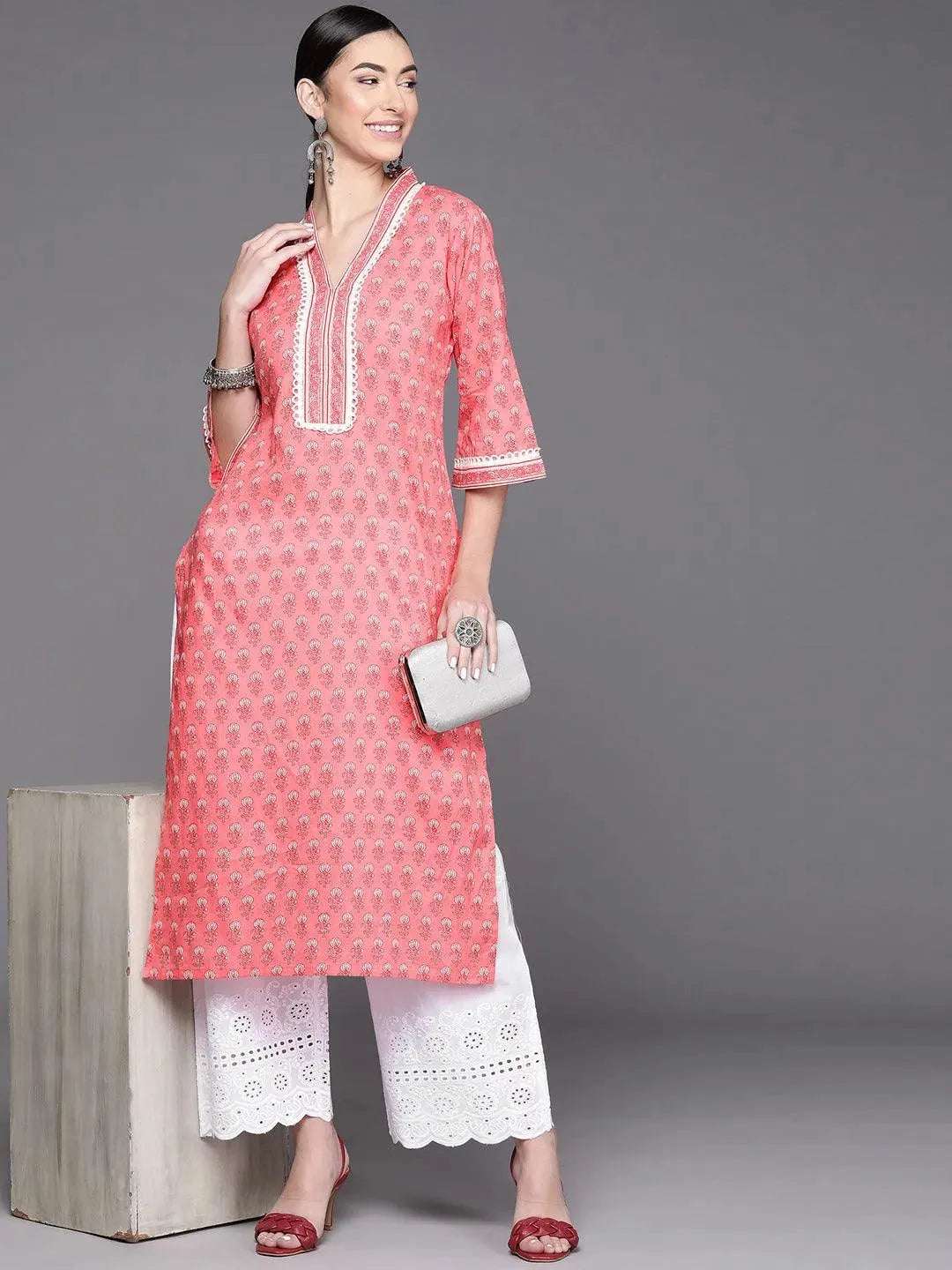 Pink Printed Cotton Kurta - Libas 