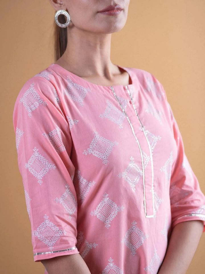 Pink Printed Cotton Kurta - Libas