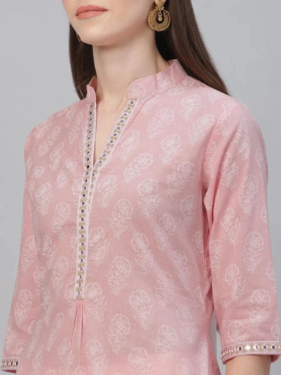 Pink Printed Cotton Kurta - Libas