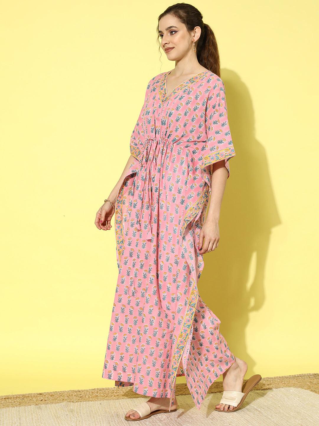 Pink Printed Cotton Night Dress - Libas