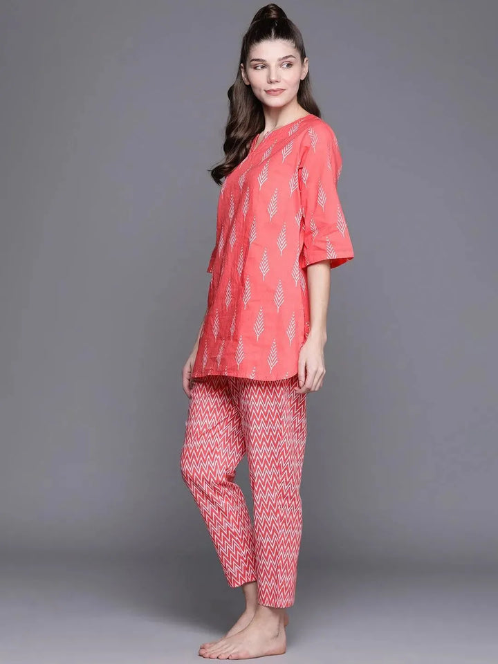 Pink Printed Cotton Night Suit - Libas