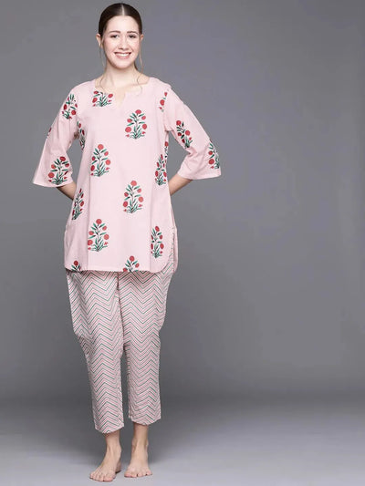 Pink Printed Cotton Night Suit - Libas