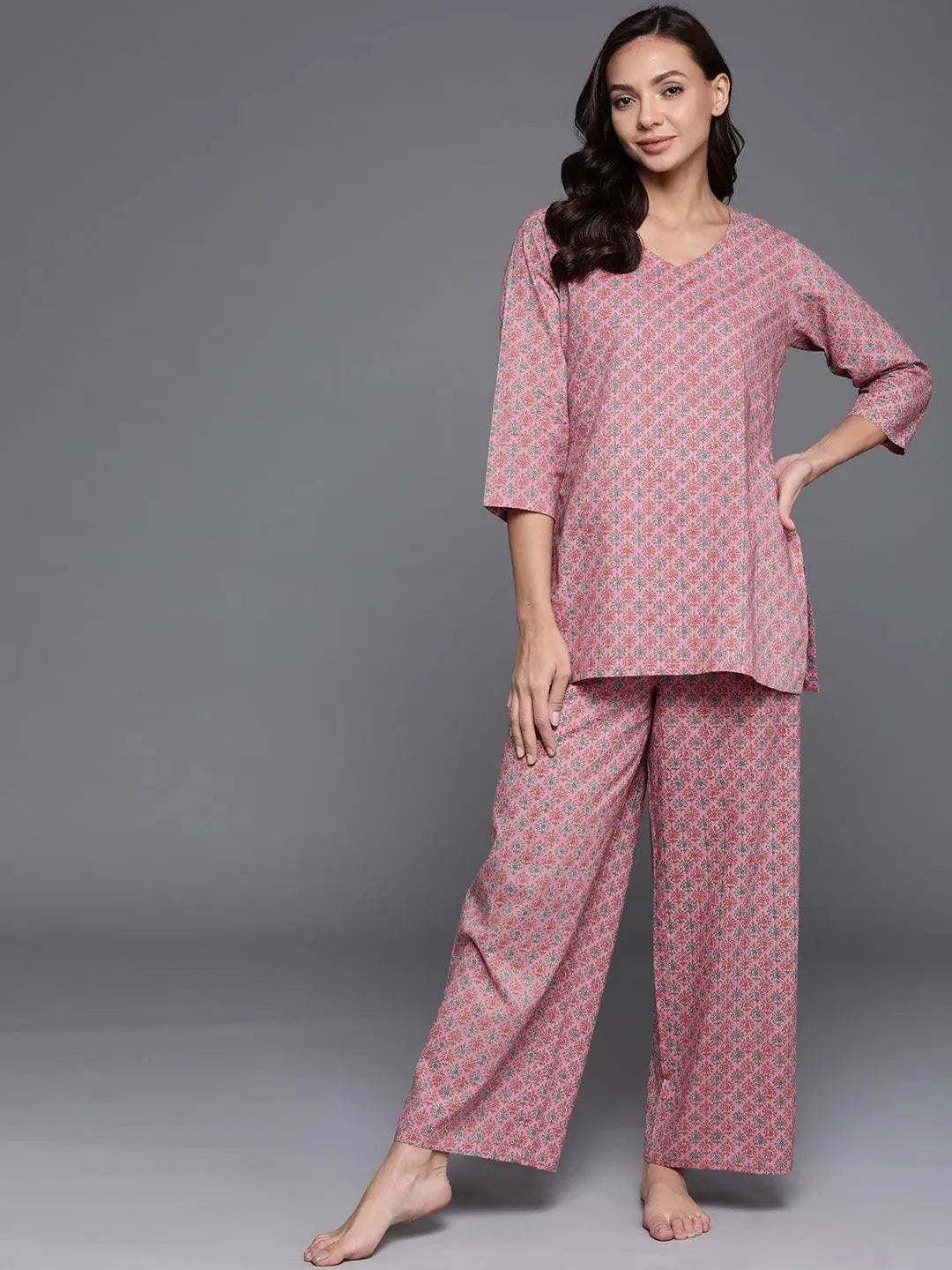 Pink Printed Cotton Night Suit - Libas