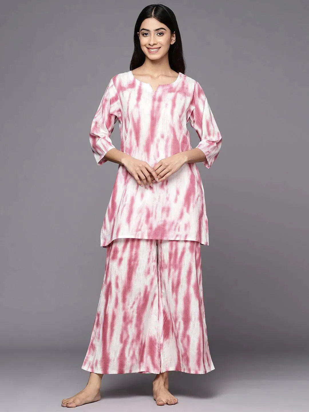 Pink Printed Cotton Night Suit - Libas