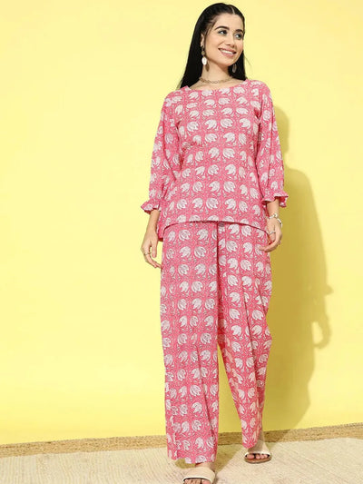 Pink Printed Cotton Night Suit - Libas