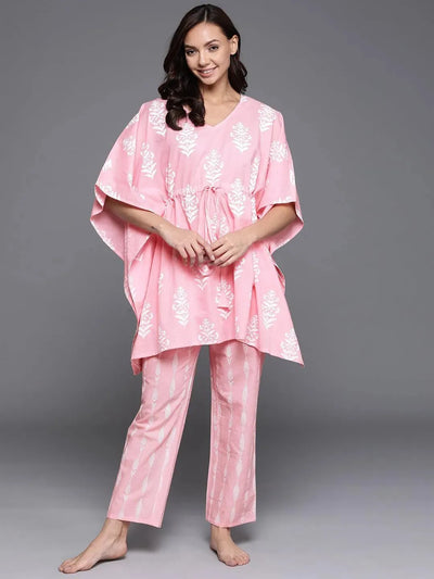 Pink Printed Cotton Night Suit - Libas