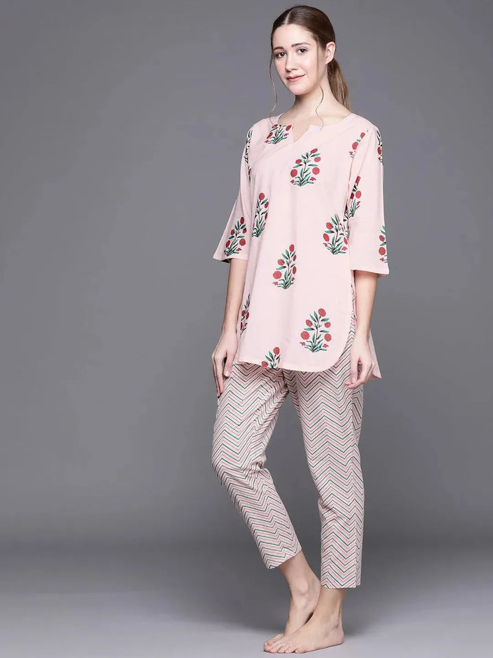 Pink Printed Cotton Night Suit - Libas
