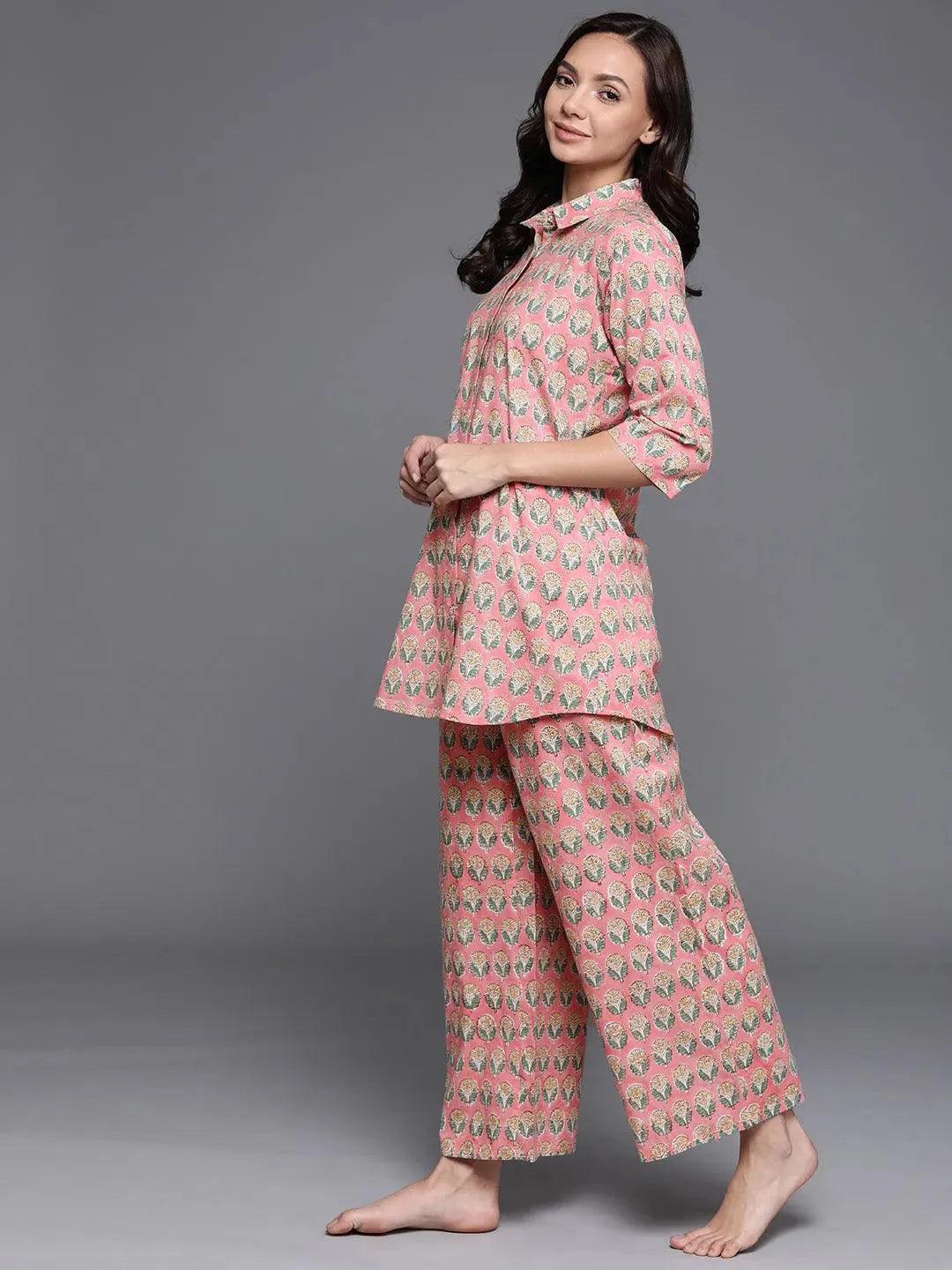 Pink Printed Cotton Night Suit - Libas 