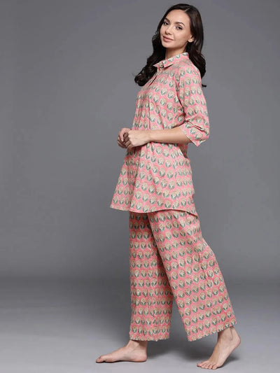 Pink Printed Cotton Night Suit - Libas