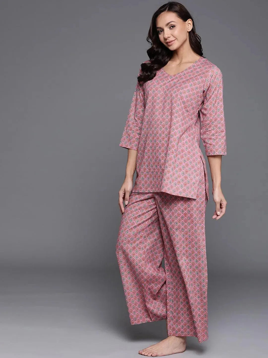 Pink Printed Cotton Night Suit - Libas 