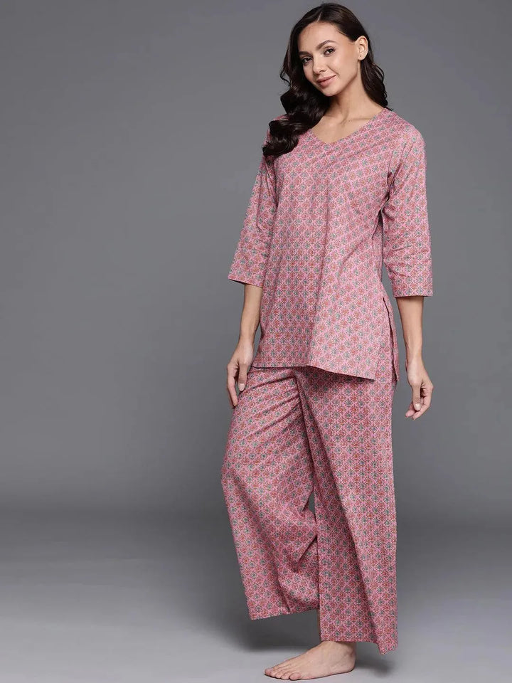 Pink Printed Cotton Night Suit - Libas