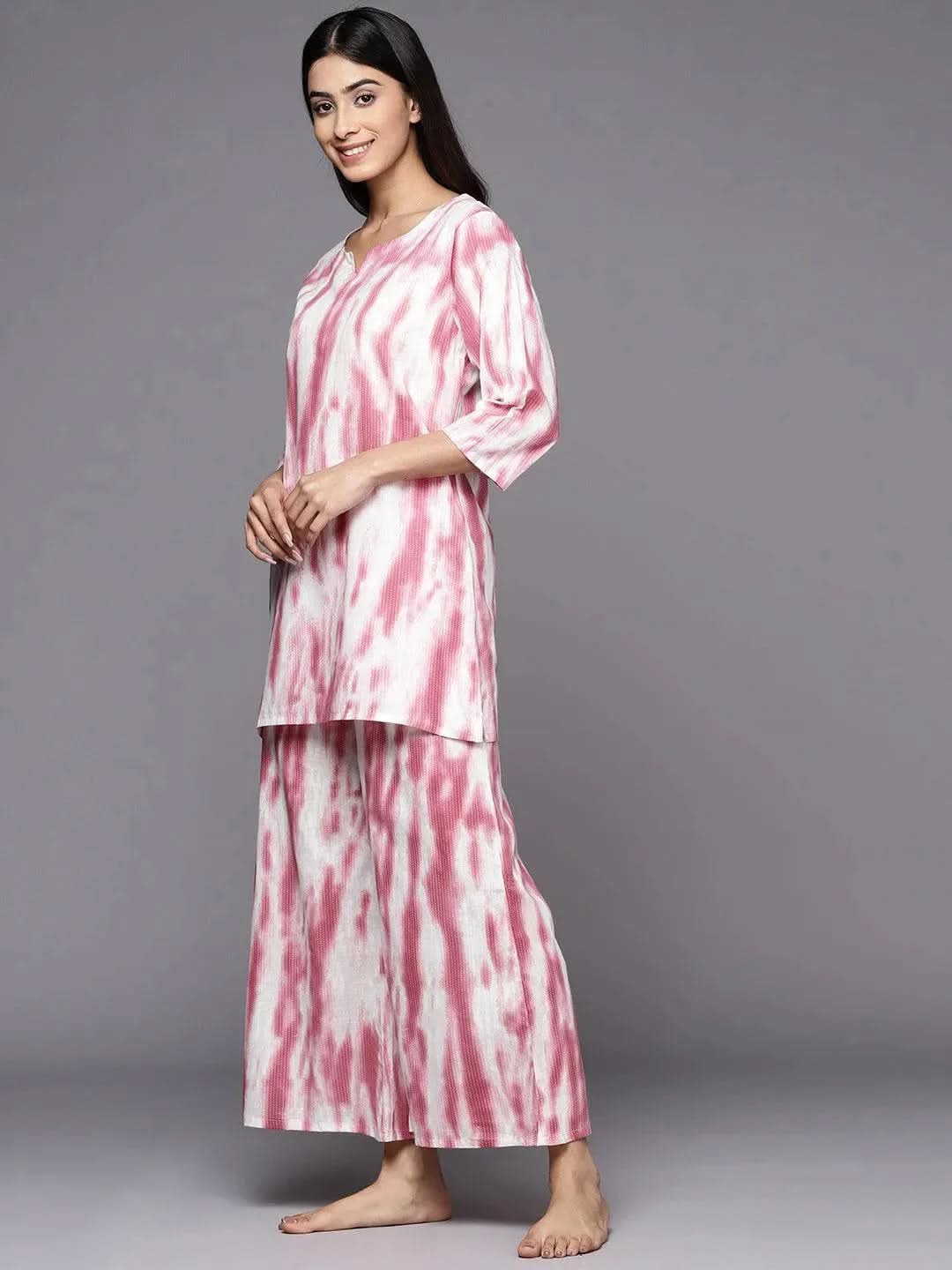 Pink Printed Cotton Night Suit - Libas 