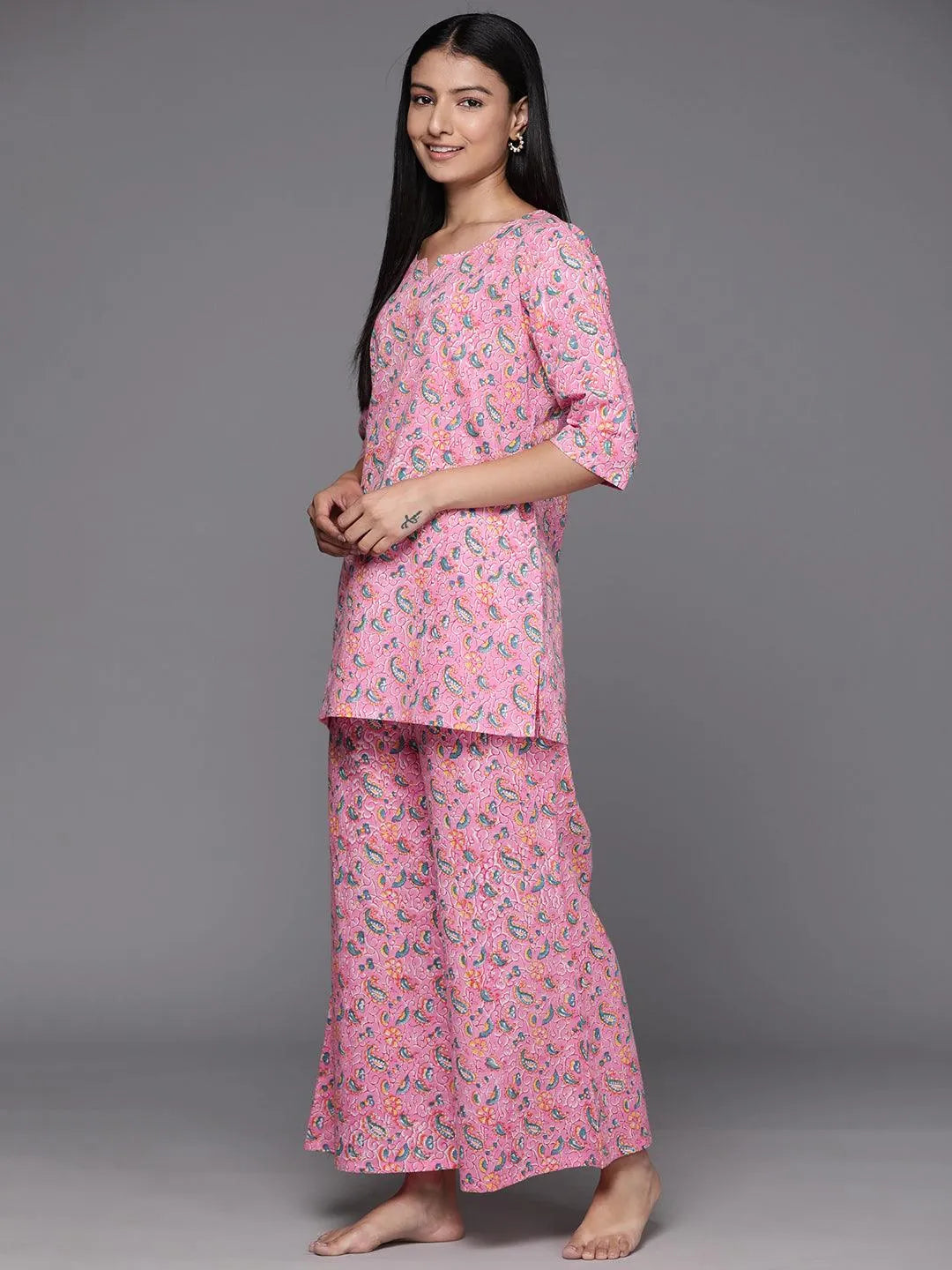 Pink Printed Cotton Night Suit - Libas 