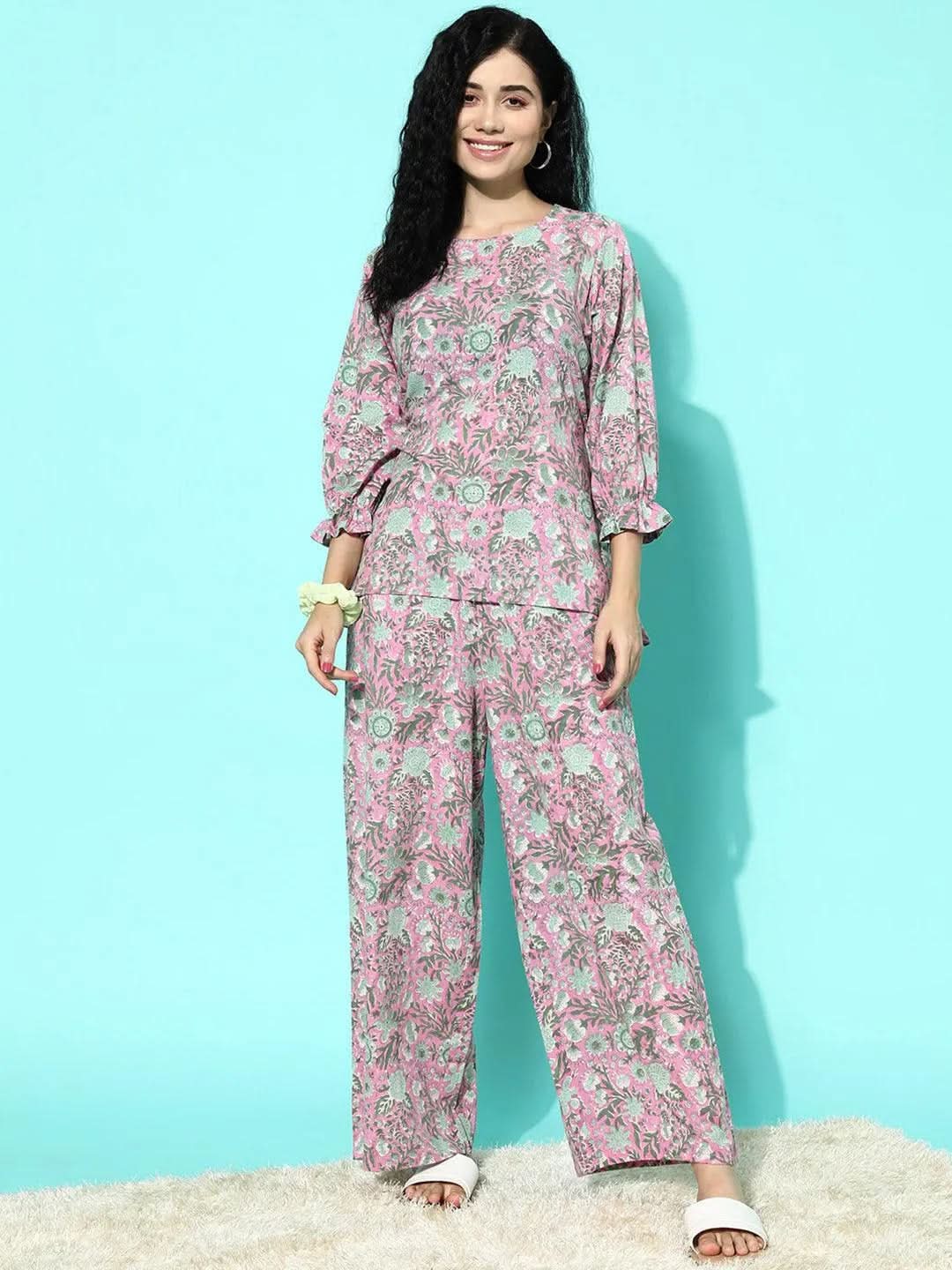 Pink Printed Cotton Night Suit - Libas 