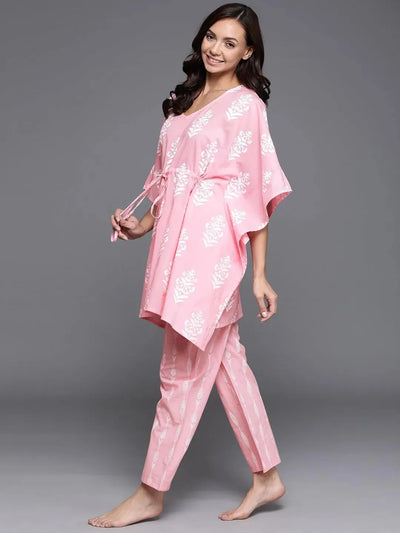 Pink Printed Cotton Night Suit - Libas