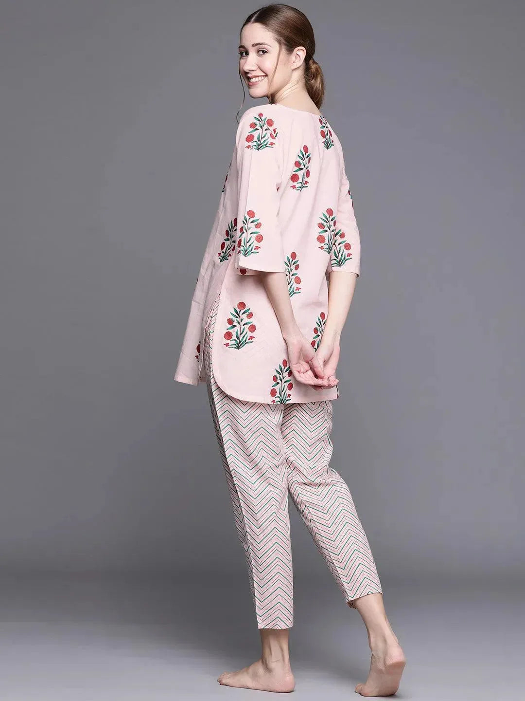 Pink Printed Cotton Night Suit - Libas 