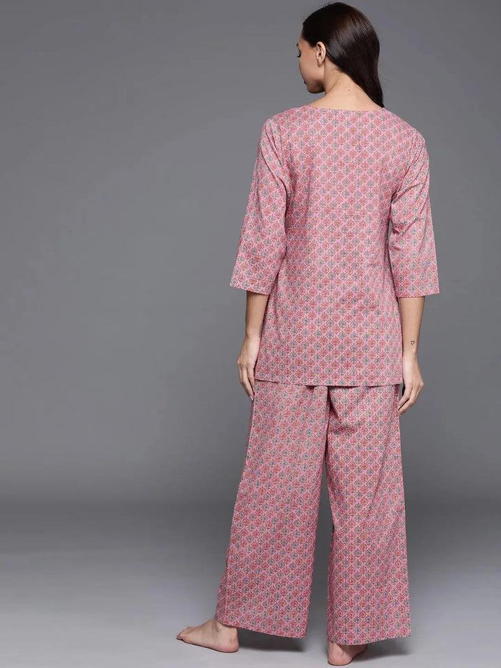 Pink Printed Cotton Night Suit - Libas