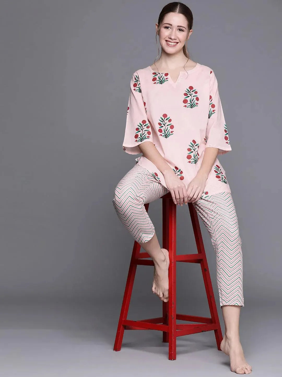 Pink Printed Cotton Night Suit - Libas 