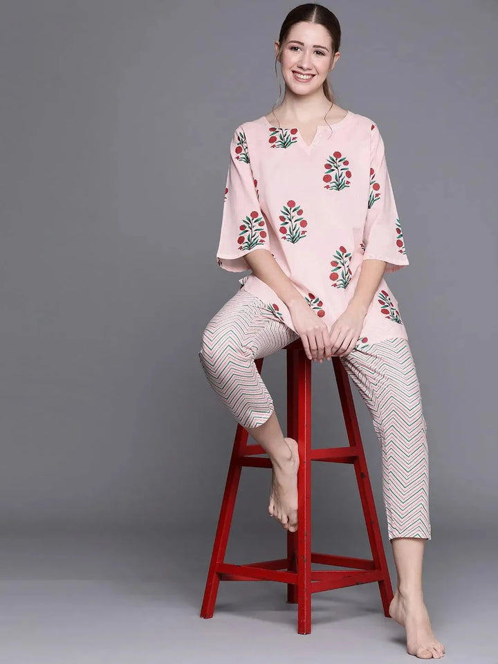 Pink Printed Cotton Night Suit - Libas