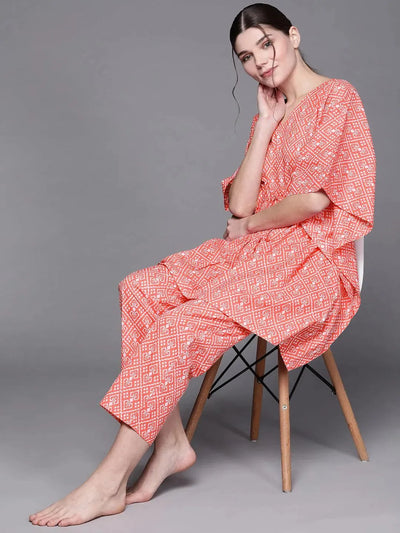 Pink Printed Cotton Night Suit - Libas