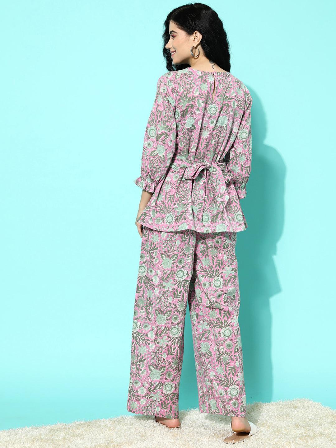 Pink Printed Cotton Night Suit - Libas