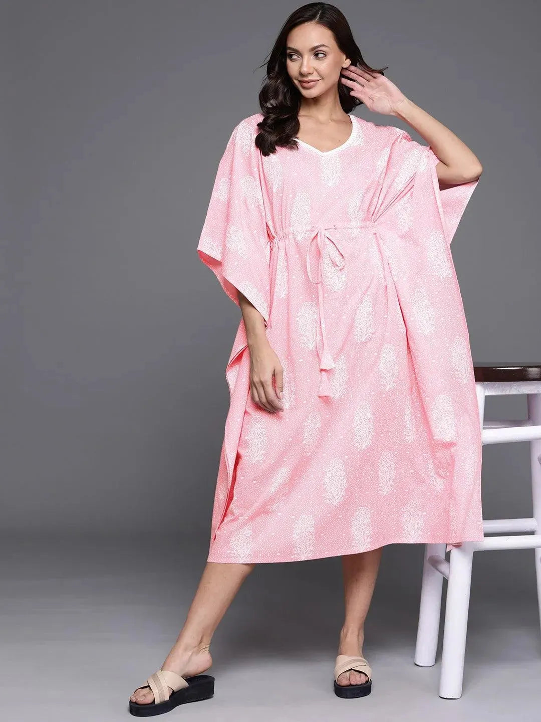 Pink Printed Cotton Nightdress - Libas