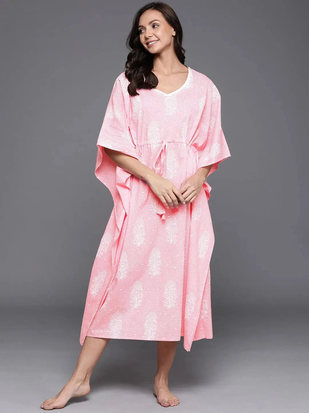 Pink Printed Cotton Nightdress - Libas