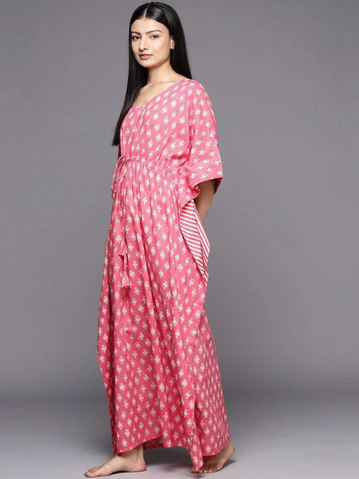 Pink Printed Cotton Nightdress - Libas