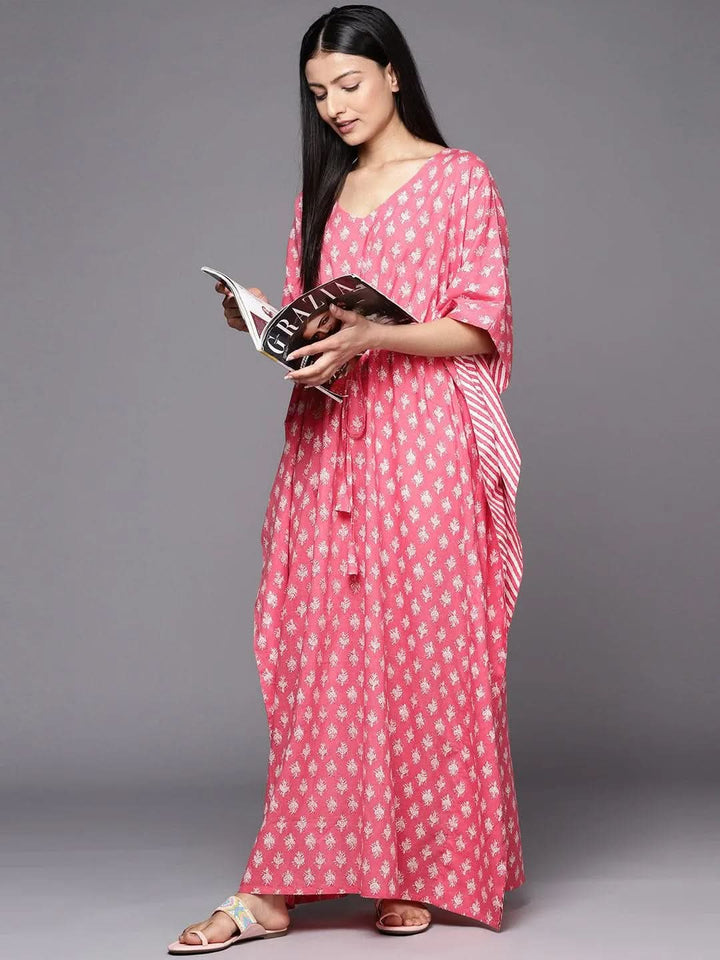 Pink Printed Cotton Nightdress - Libas