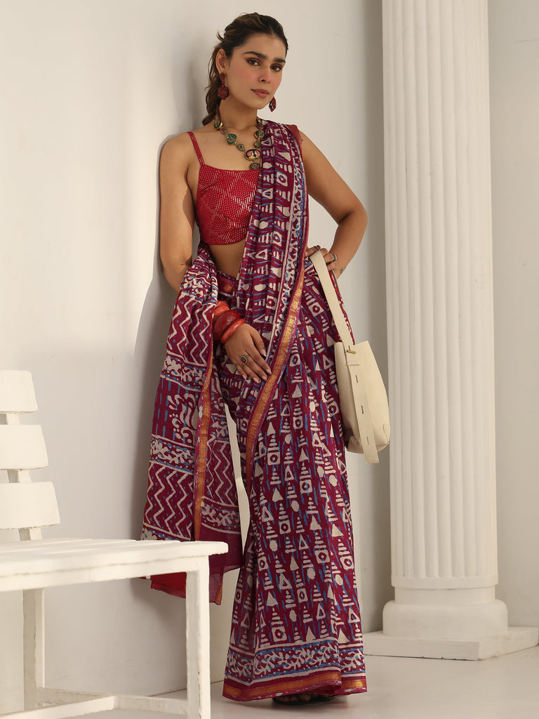 Libas Pink Printed Cotton saree