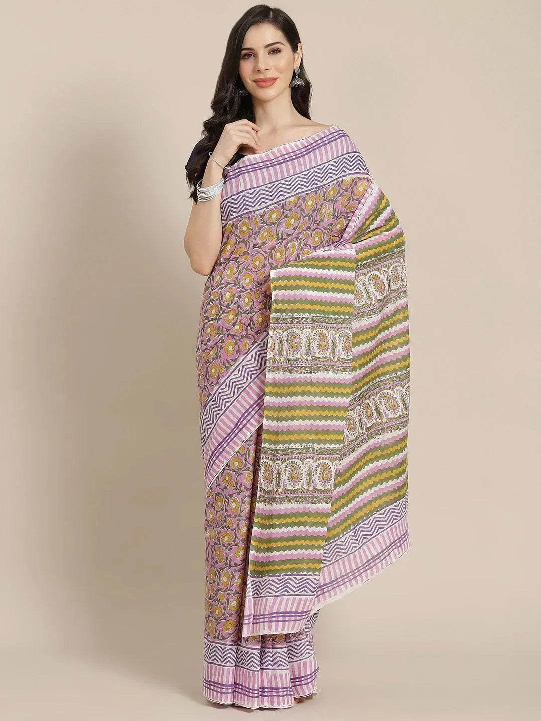 Pink Printed Cotton Saree - Libas