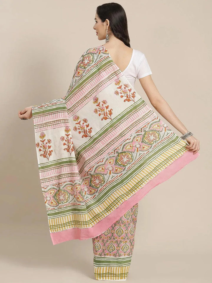 Pink Printed Cotton Saree - Libas