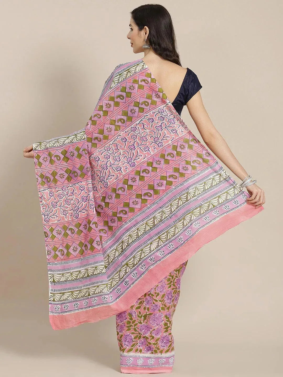 Pink Printed Cotton Saree - Libas 