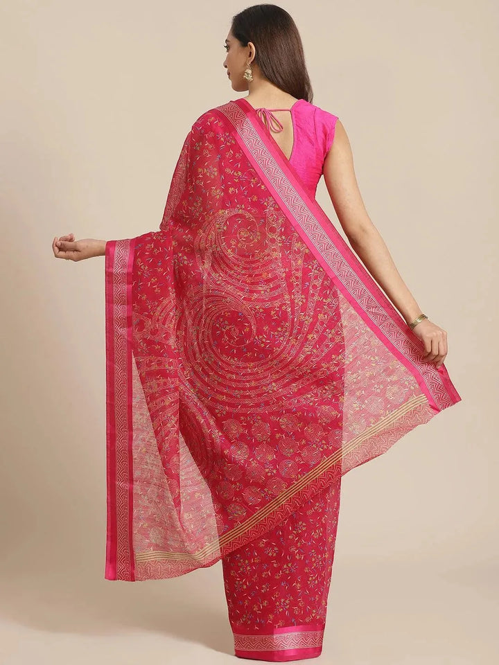 Pink Printed Cotton Saree - Libas