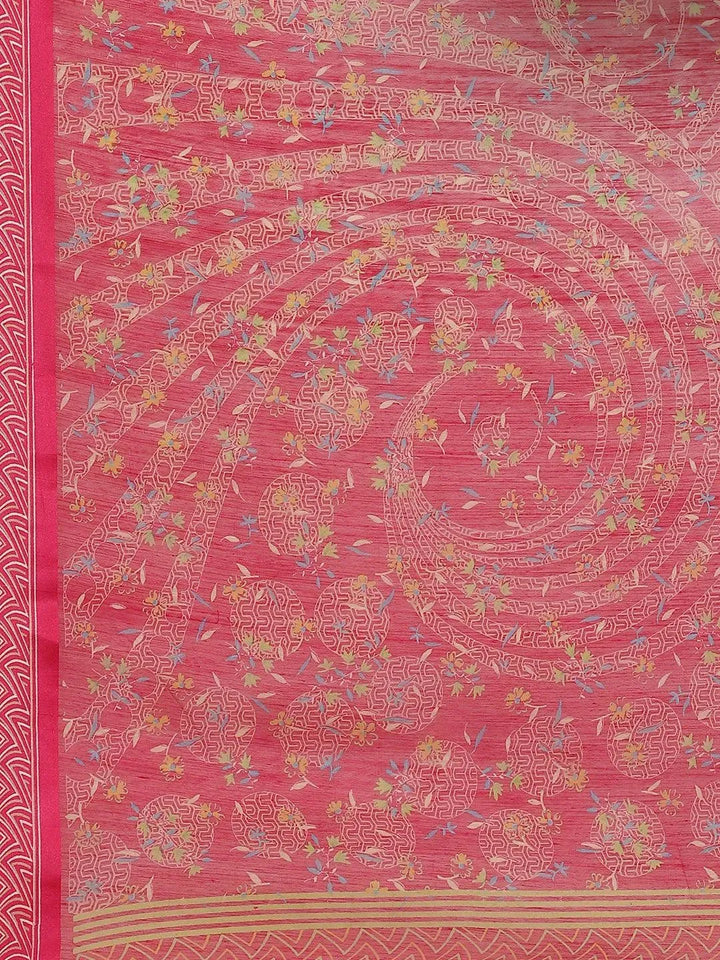Pink Printed Cotton Saree - Libas