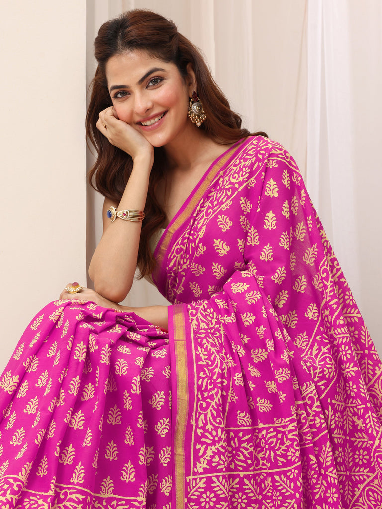 Libas Pink Printed Cotton Saree With Unstitched Blouse