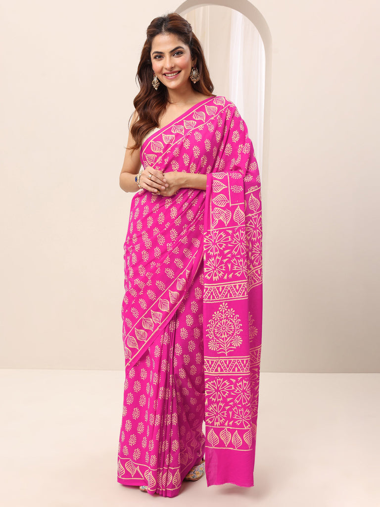 Libas Pink Printed Cotton Saree With Unstitched Blouse