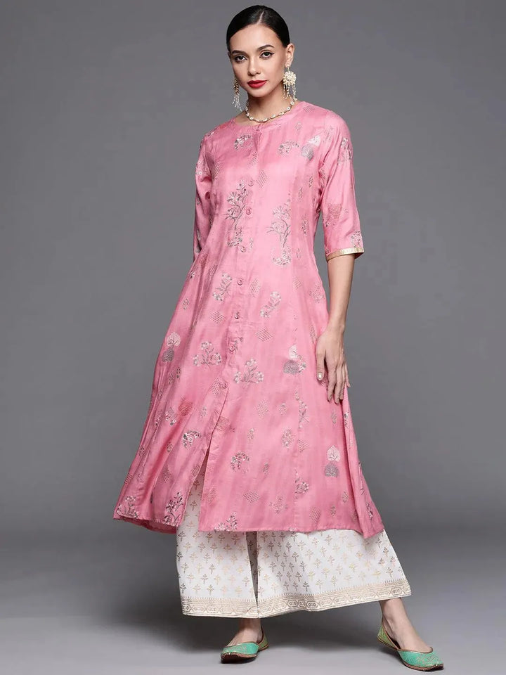 Pink Printed Cotton Silk Kurta - Libas