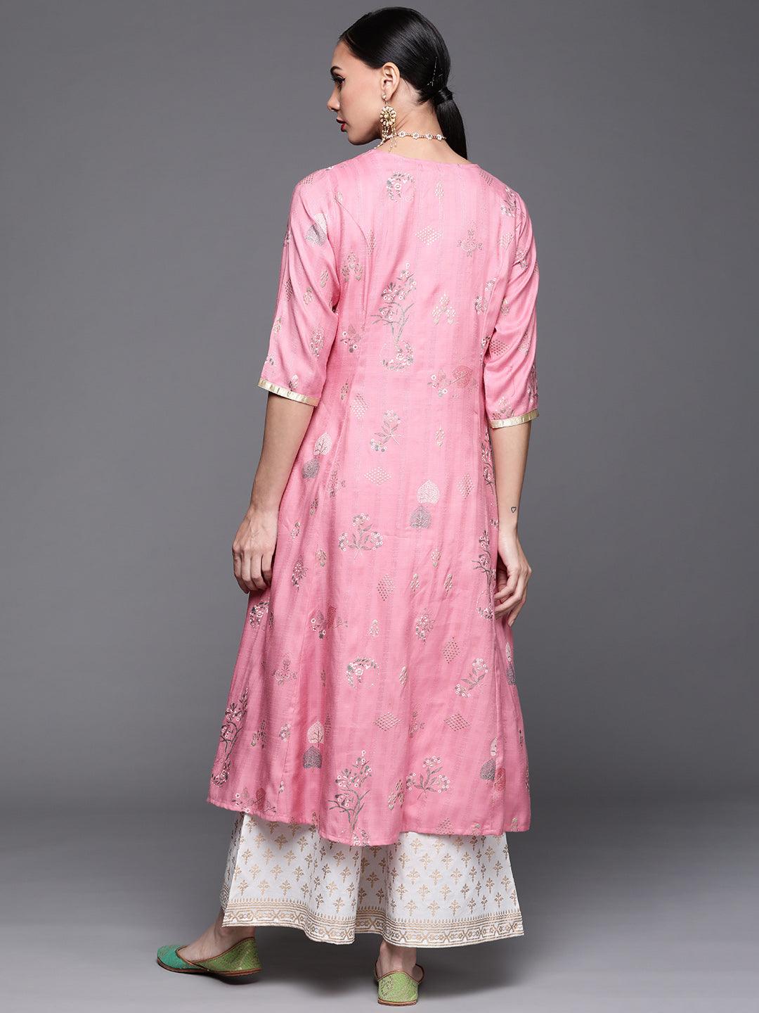 Pink Printed Cotton Silk Kurta - Libas