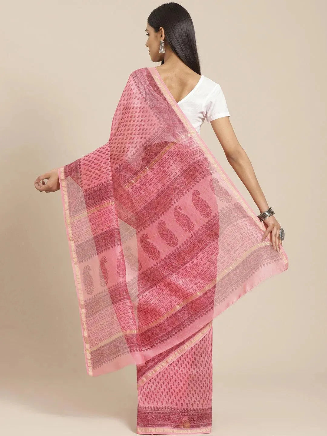Pink Printed Cotton Silk Saree - Libas 