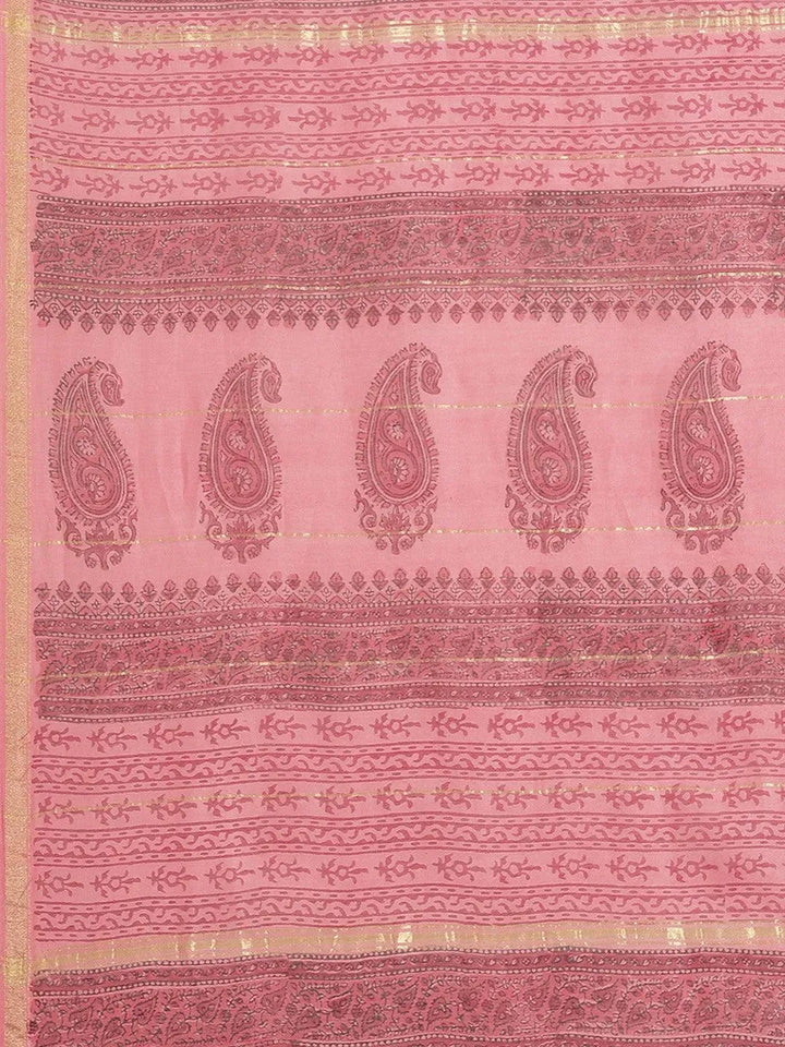 Pink Printed Cotton Silk Saree - Libas
