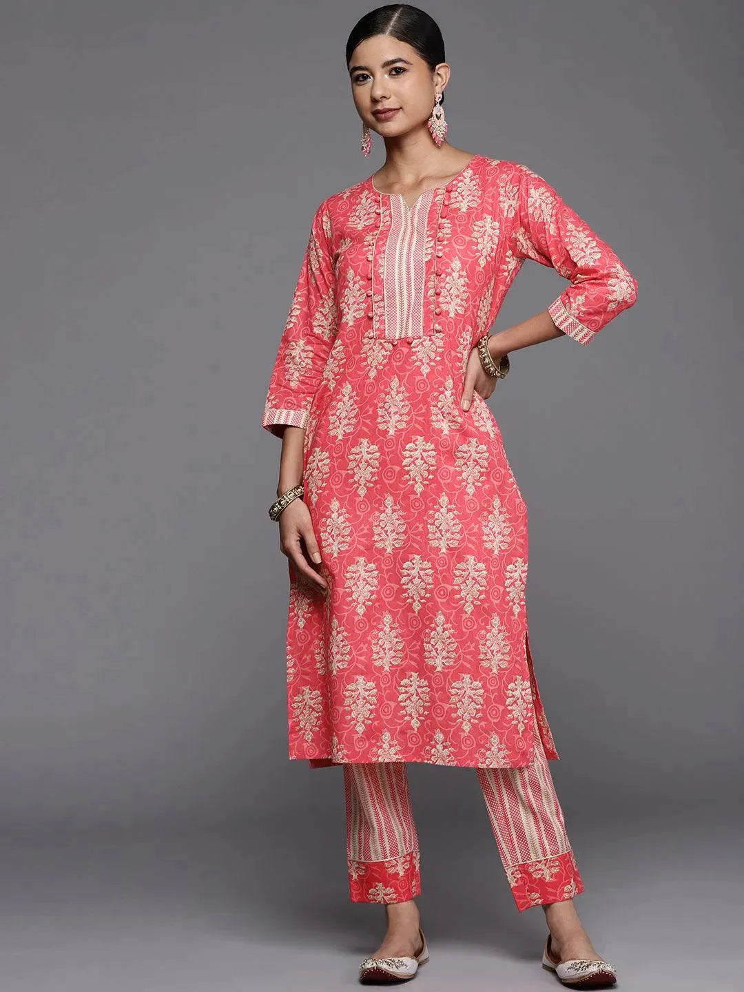 Pink Printed Cotton Straight Kurta - Libas