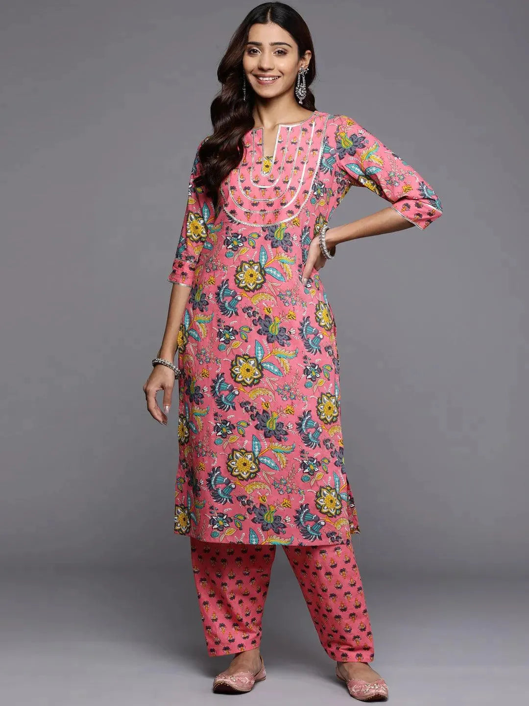 Pink Printed Cotton Straight Kurta - Libas