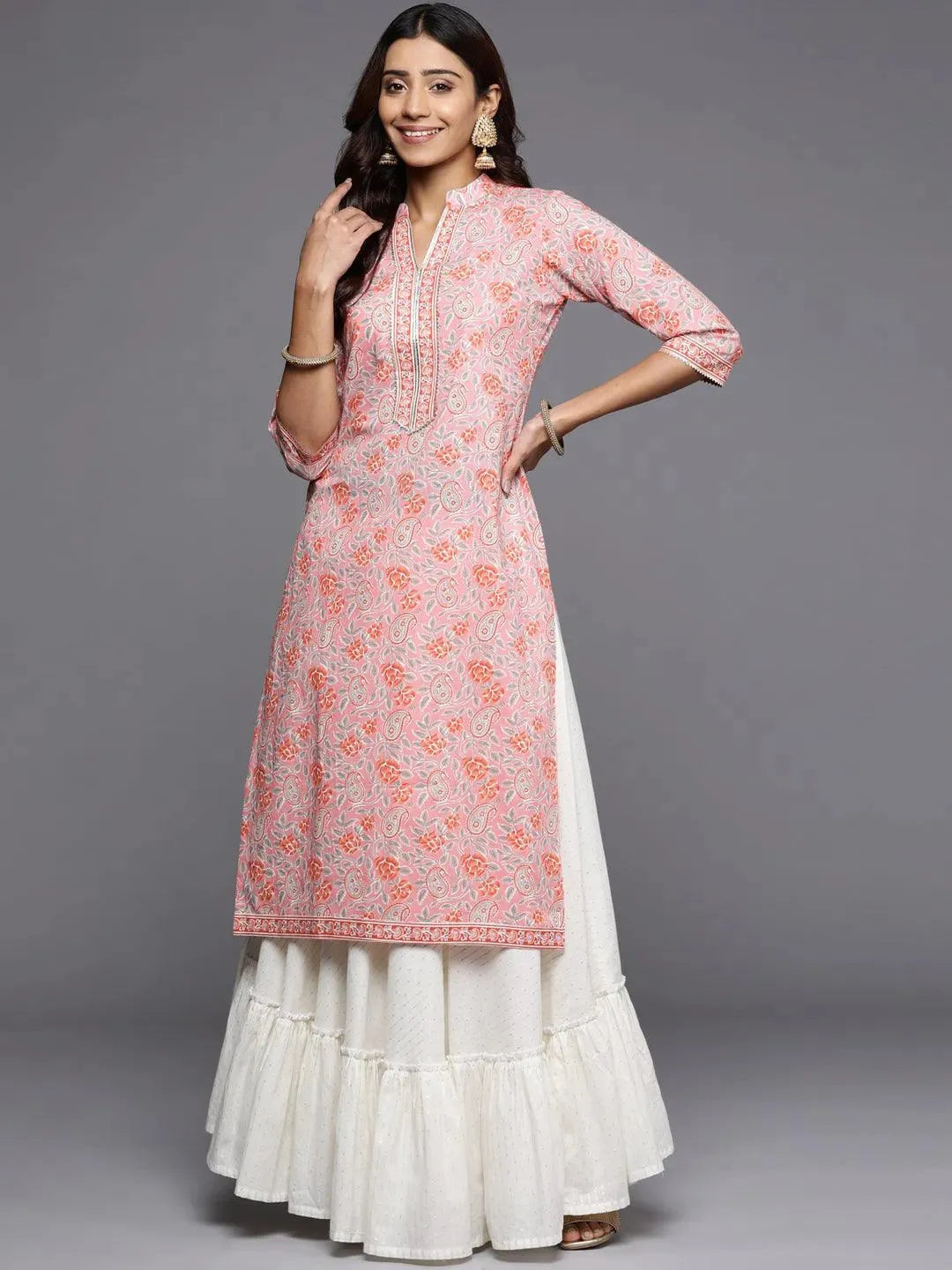 Pink Printed Cotton Straight Kurta - Libas